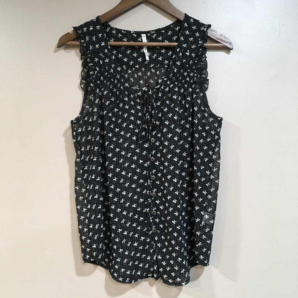 Willow & Clay Sheer Bow Print Sleeveless Blouse Womens M Black Cottage Romantic